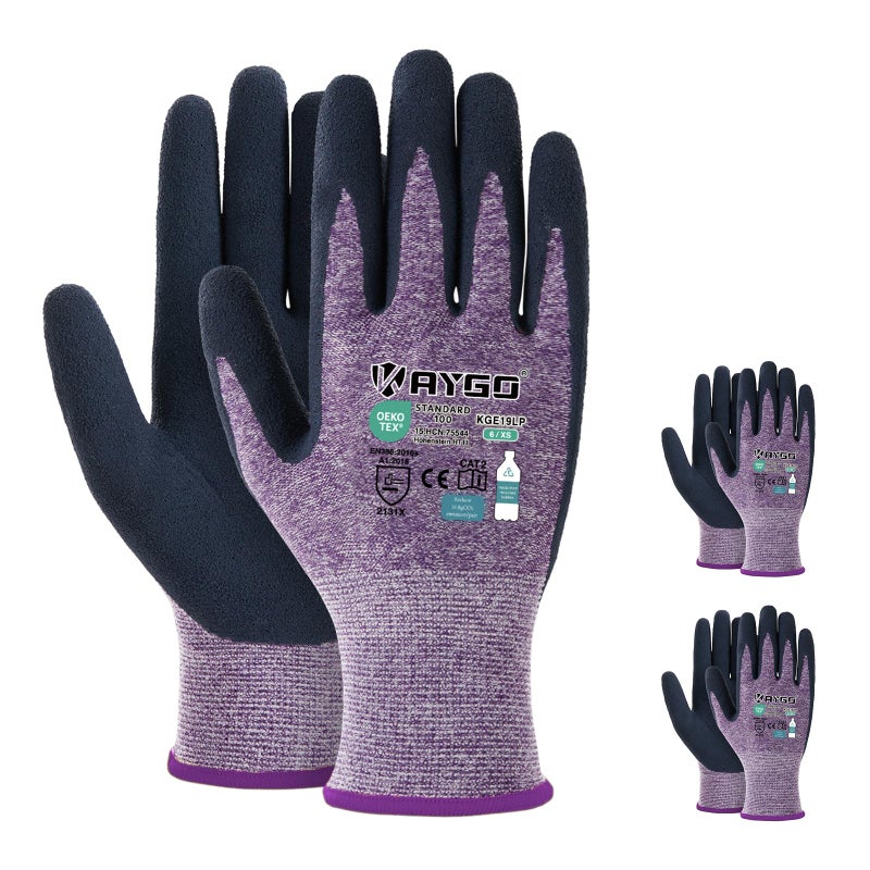 KAYGO Work Gloves for Women KGE19L Eco Friendly Gloves with Breathable Rubber Coated, 3 Pairs,X-Small,Purple - Image 1